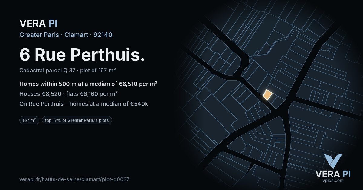 6 Rue Perthuis, Clamart at night – the plot lit, the parcels around coloured by the prices near them
