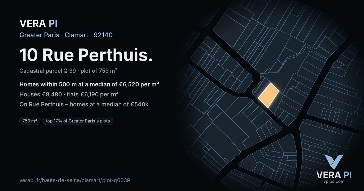 10 Rue Perthuis, Clamart at night – the plot lit, the parcels around coloured by the prices near them