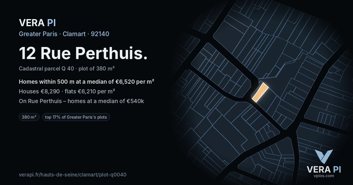 12 Rue Perthuis, Clamart at night – the plot lit, the parcels around coloured by the prices near them