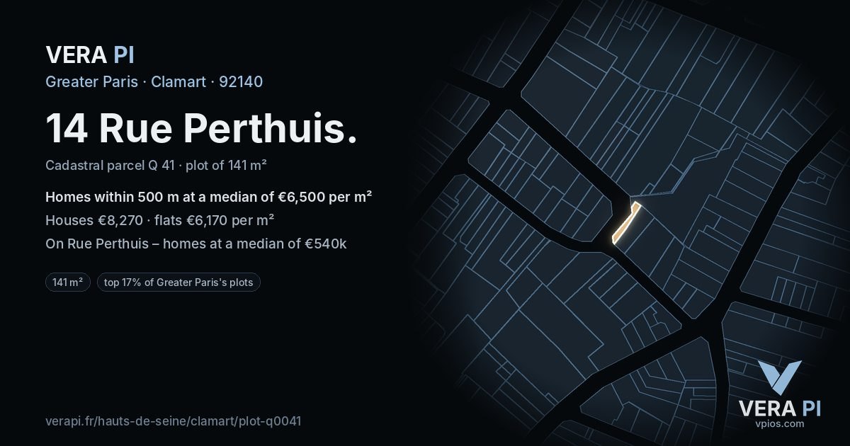 14 Rue Perthuis, Clamart at night – the plot lit, the parcels around coloured by the prices near them
