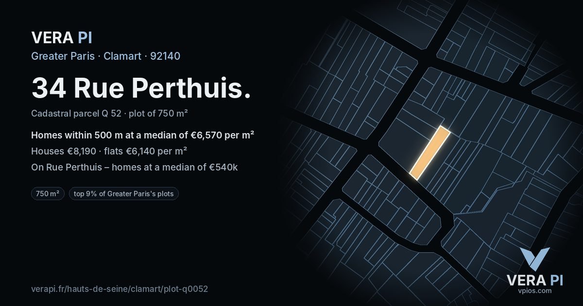 34 Rue Perthuis, Clamart at night – the plot lit, the parcels around coloured by the prices near them
