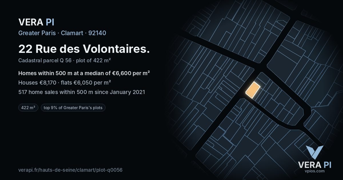 22 Rue des Volontaires, Clamart at night – the plot lit, the parcels around coloured by the prices near them