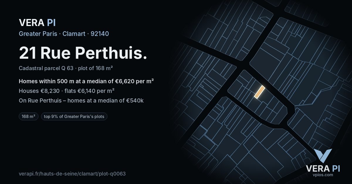 21 Rue Perthuis, Clamart at night – the plot lit, the parcels around coloured by the prices near them