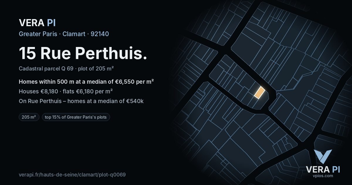 15 Rue Perthuis, Clamart at night – the plot lit, the parcels around coloured by the prices near them