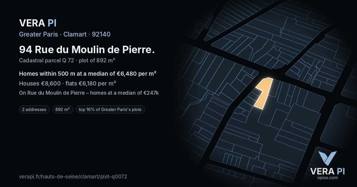 94 Rue du Moulin de Pierre, Clamart at night – the plot lit, the parcels around coloured by the prices near them