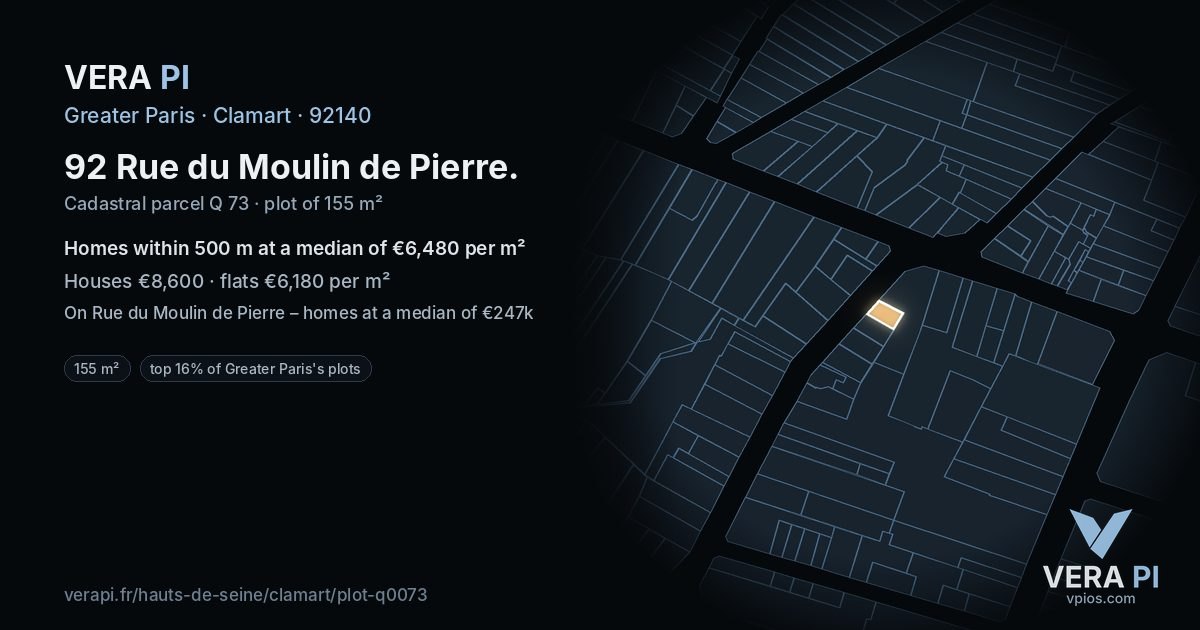 92 Rue du Moulin de Pierre, Clamart at night – the plot lit, the parcels around coloured by the prices near them