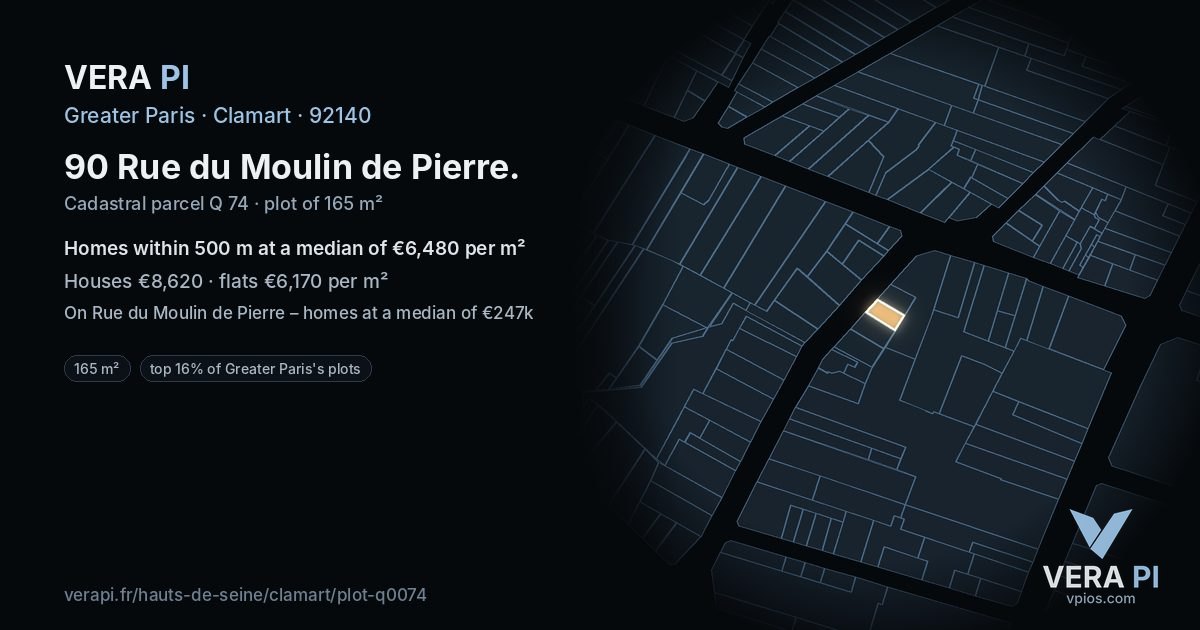 90 Rue du Moulin de Pierre, Clamart at night – the plot lit, the parcels around coloured by the prices near them