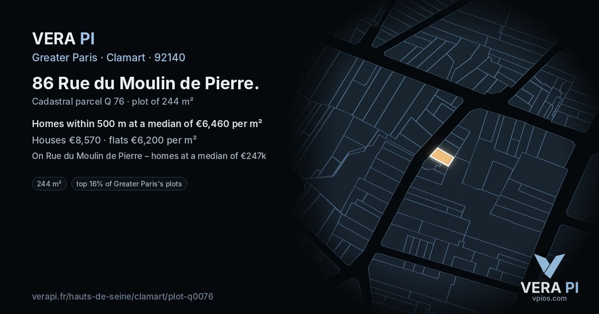 86 Rue du Moulin de Pierre, Clamart at night – the plot lit, the parcels around coloured by the prices near them