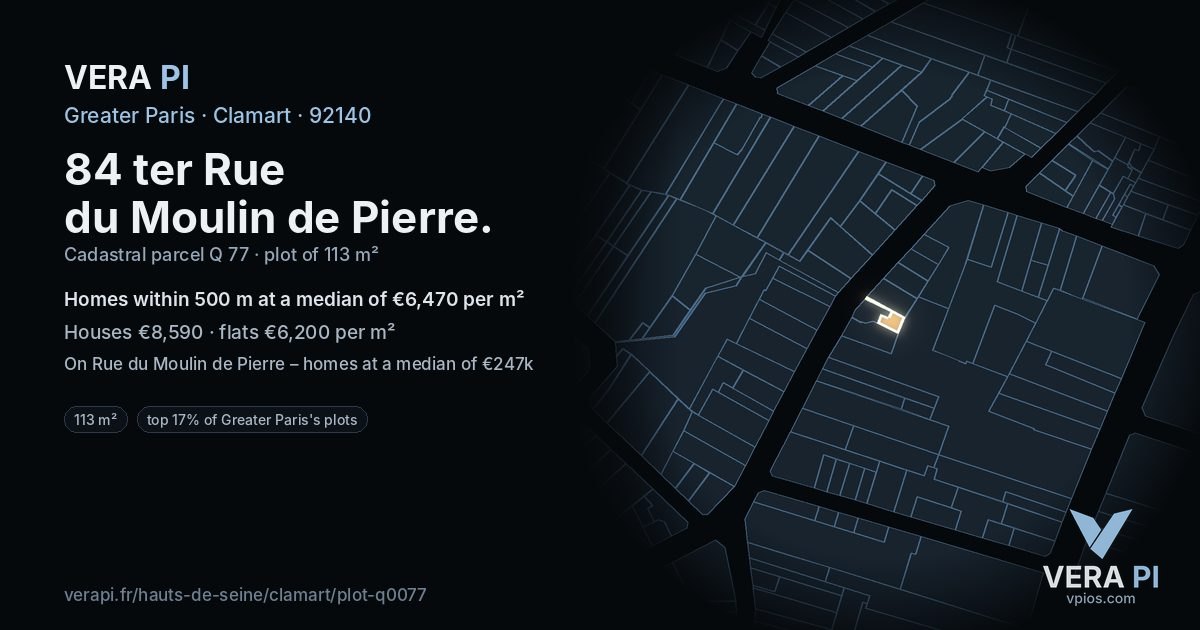 84 ter Rue du Moulin de Pierre, Clamart at night – the plot lit, the parcels around coloured by the prices near them