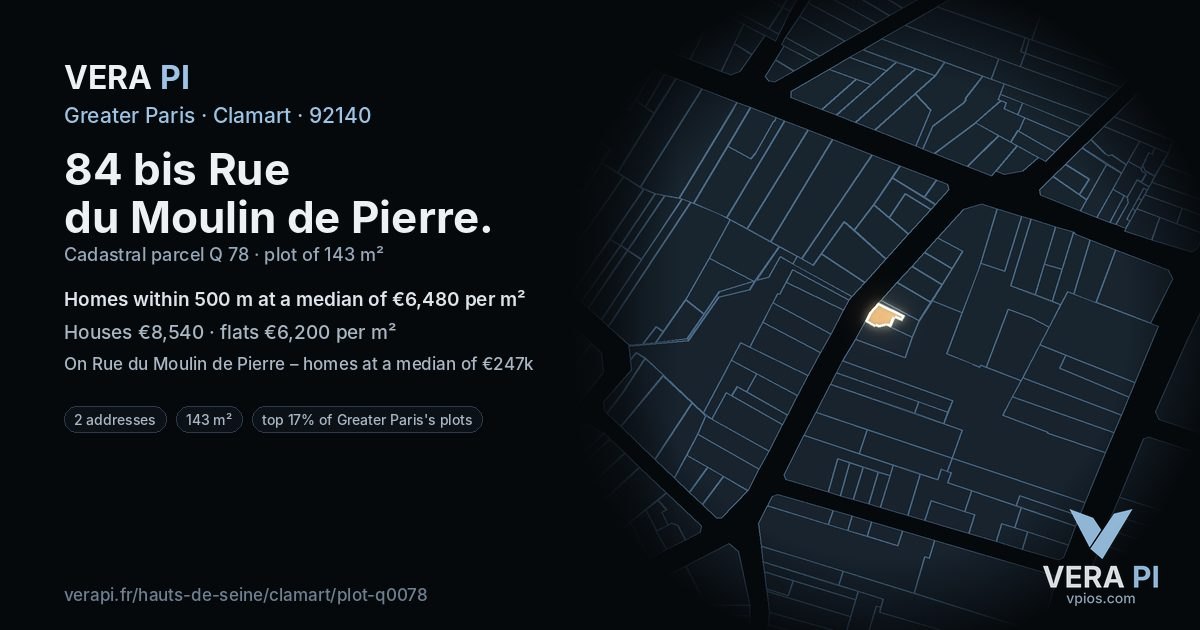 84 bis Rue du Moulin de Pierre, Clamart at night – the plot lit, the parcels around coloured by the prices near them