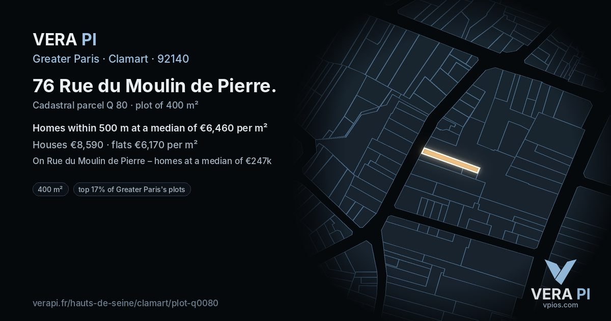 76 Rue du Moulin de Pierre, Clamart at night – the plot lit, the parcels around coloured by the prices near them
