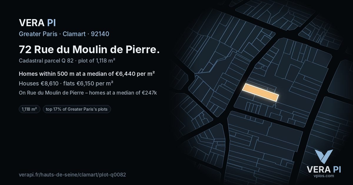 72 Rue du Moulin de Pierre, Clamart at night – the plot lit, the parcels around coloured by the prices near them