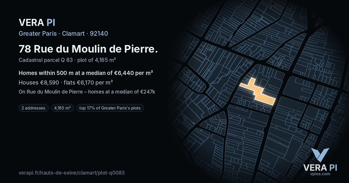 78 Rue du Moulin de Pierre, Clamart at night – the plot lit, the parcels around coloured by the prices near them