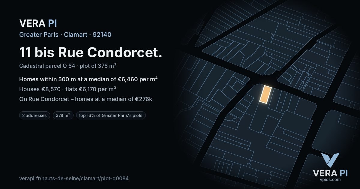 11 bis Rue Condorcet, Clamart at night – the plot lit, the parcels around coloured by the prices near them