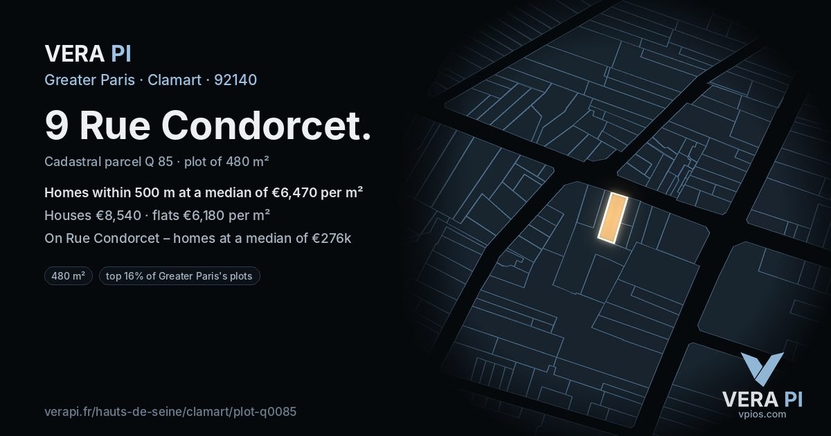9 Rue Condorcet, Clamart at night – the plot lit, the parcels around coloured by the prices near them