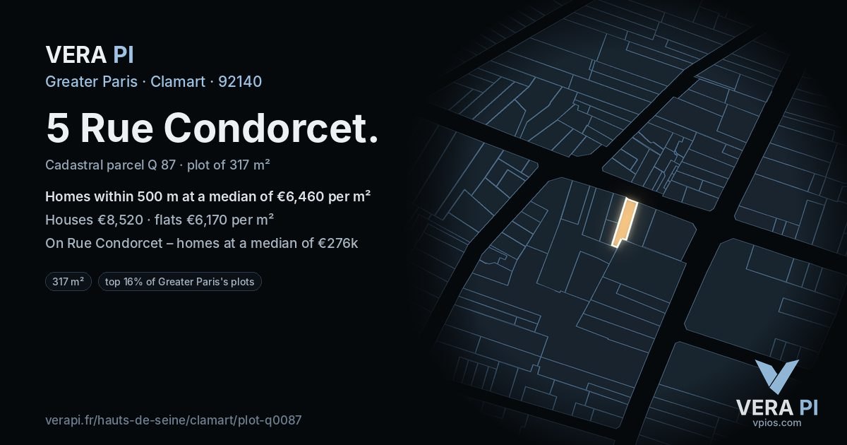 5 Rue Condorcet, Clamart at night – the plot lit, the parcels around coloured by the prices near them