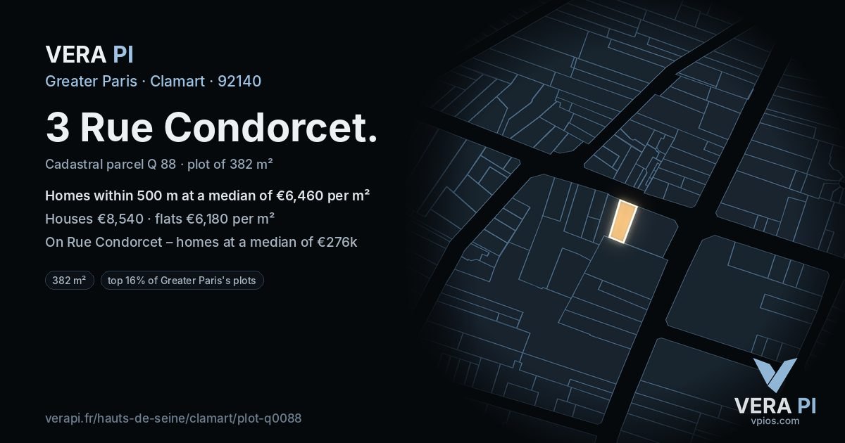 3 Rue Condorcet, Clamart at night – the plot lit, the parcels around coloured by the prices near them
