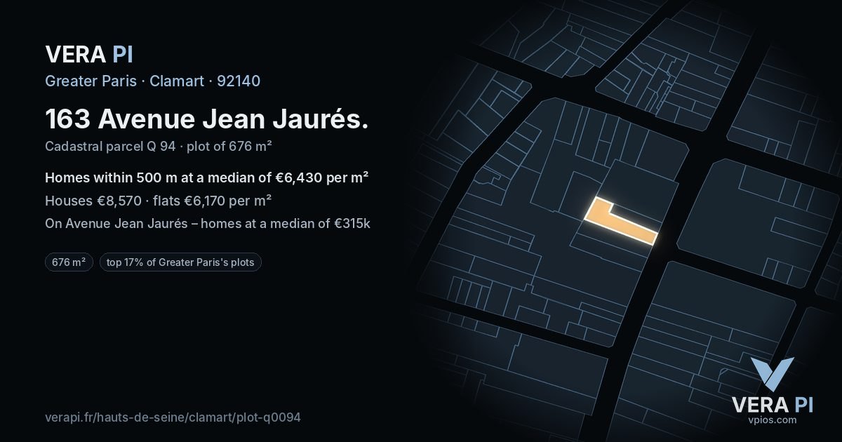 163 Avenue Jean Jaurés, Clamart at night – the plot lit, the parcels around coloured by the prices near them