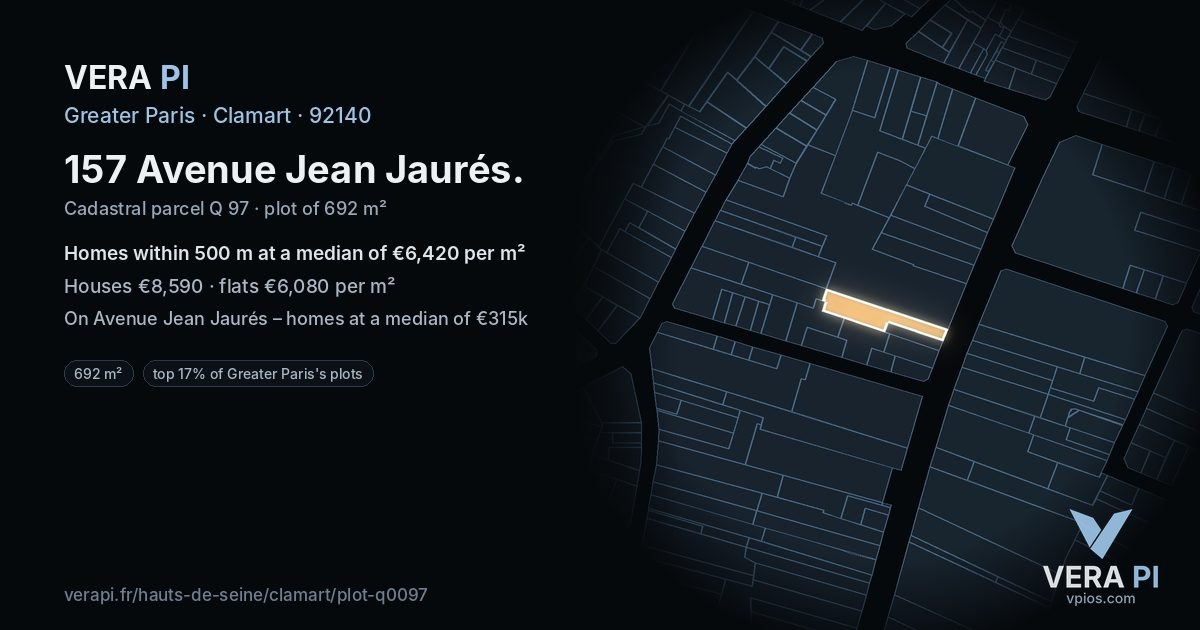 157 Avenue Jean Jaurés, Clamart at night – the plot lit, the parcels around coloured by the prices near them