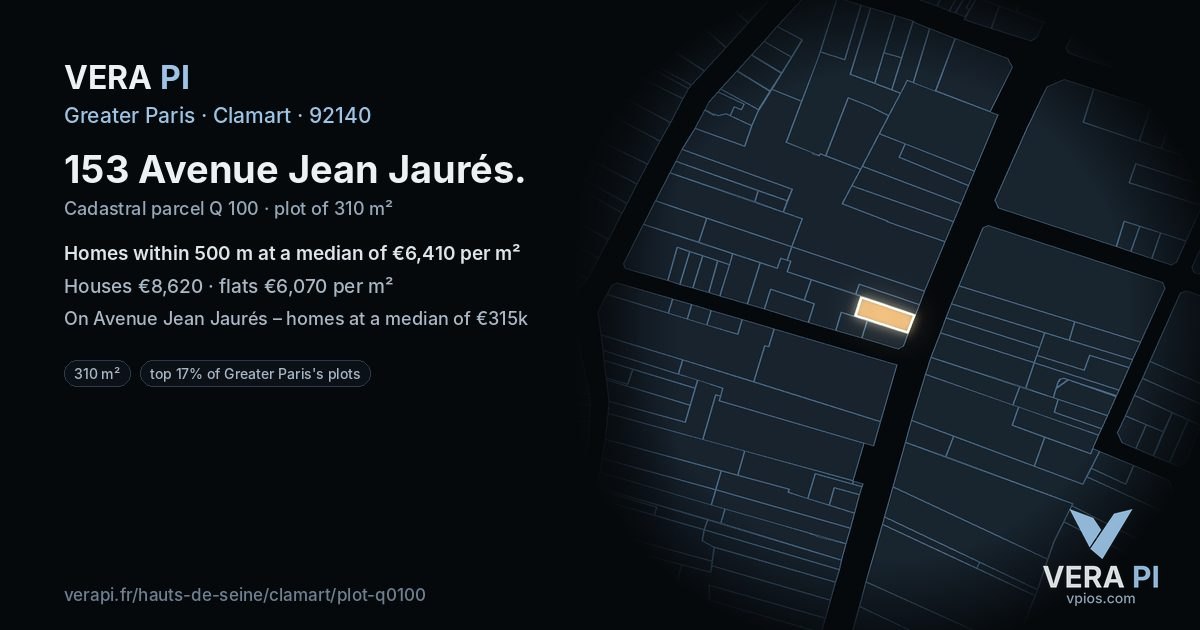 153 Avenue Jean Jaurés, Clamart at night – the plot lit, the parcels around coloured by the prices near them