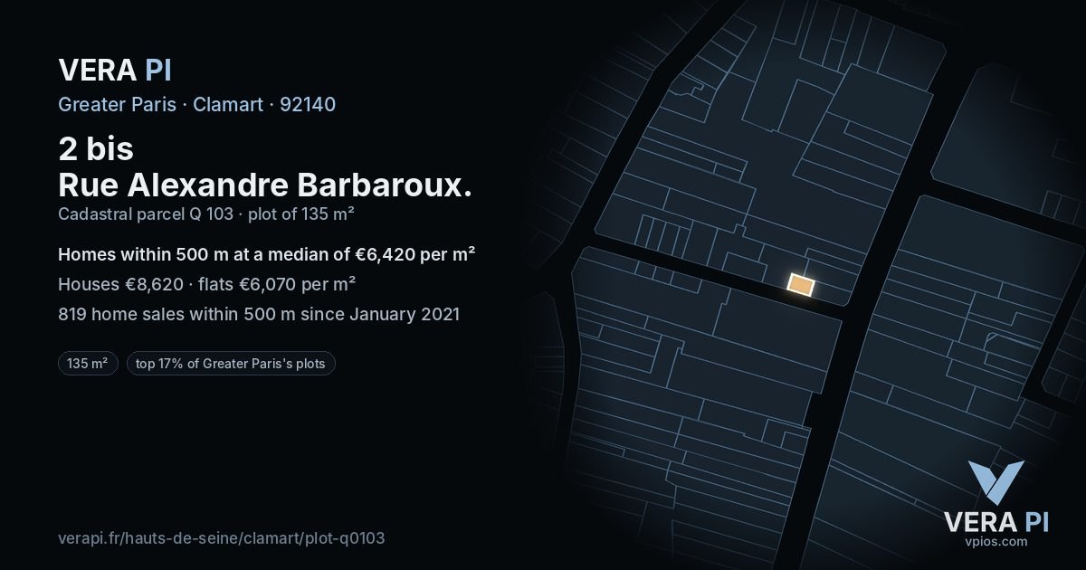 2 bis Rue Alexandre Barbaroux, Clamart at night – the plot lit, the parcels around coloured by the prices near them