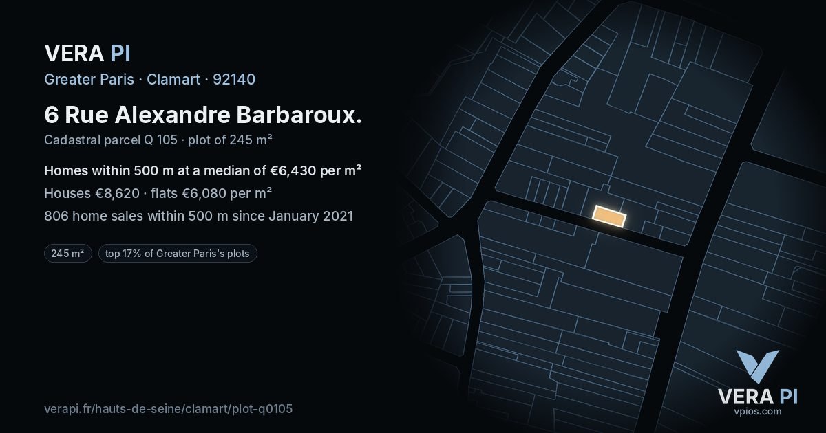 6 Rue Alexandre Barbaroux, Clamart at night – the plot lit, the parcels around coloured by the prices near them