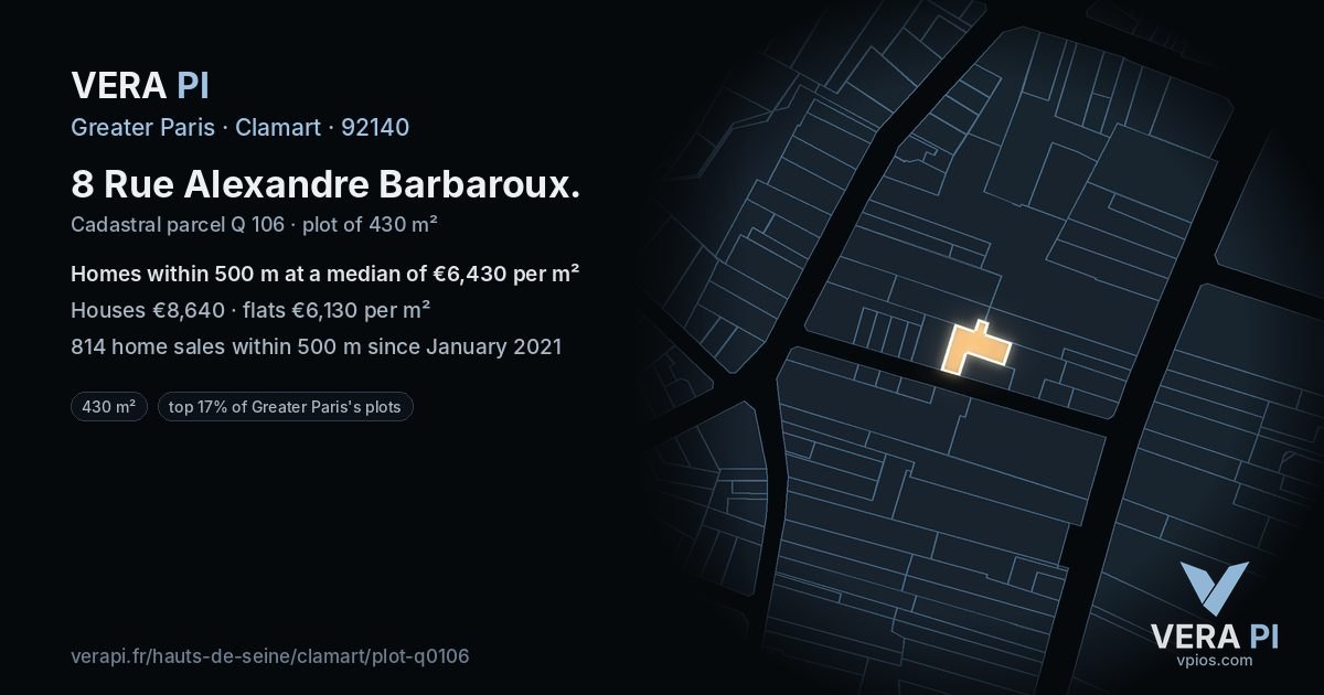 8 Rue Alexandre Barbaroux, Clamart at night – the plot lit, the parcels around coloured by the prices near them
