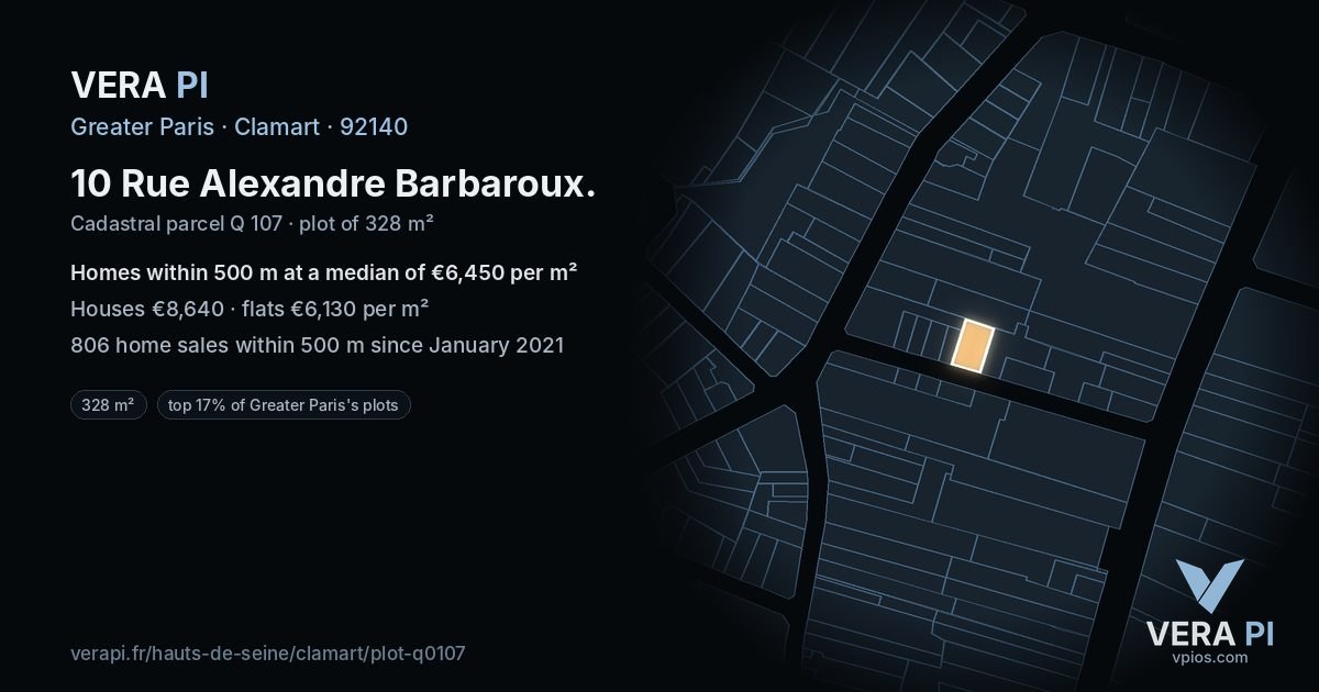 10 Rue Alexandre Barbaroux, Clamart at night – the plot lit, the parcels around coloured by the prices near them