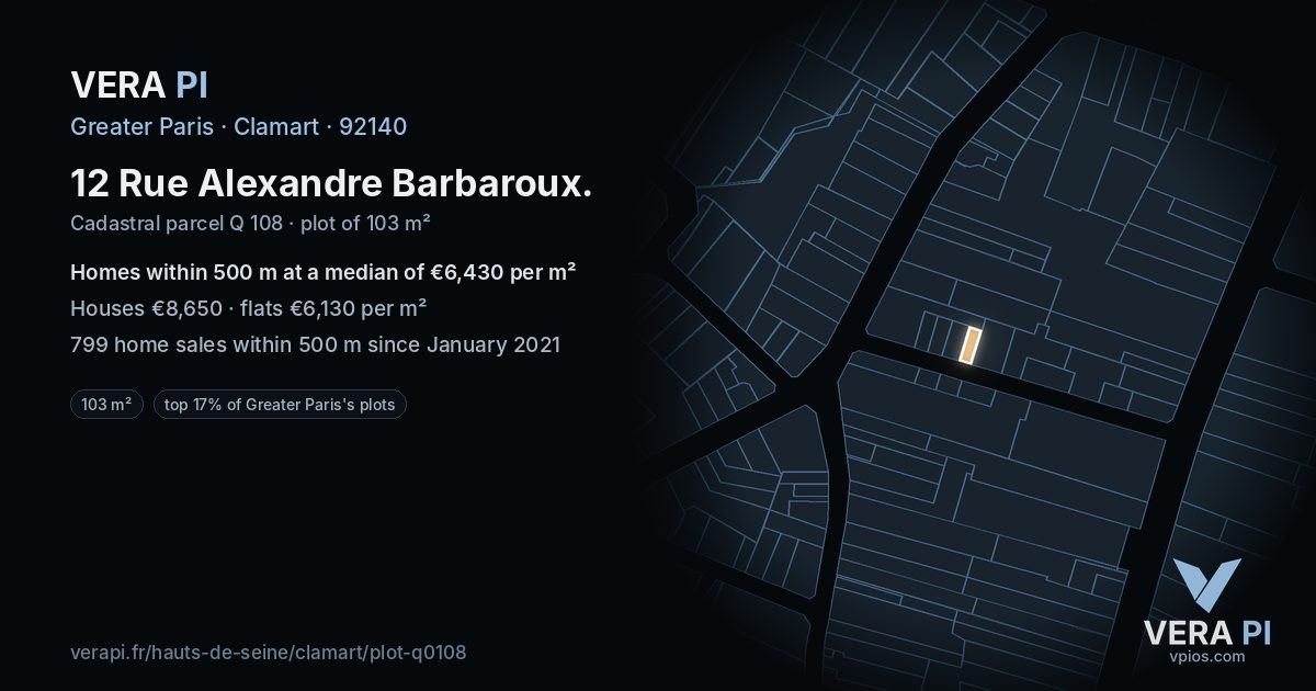 12 Rue Alexandre Barbaroux, Clamart at night – the plot lit, the parcels around coloured by the prices near them