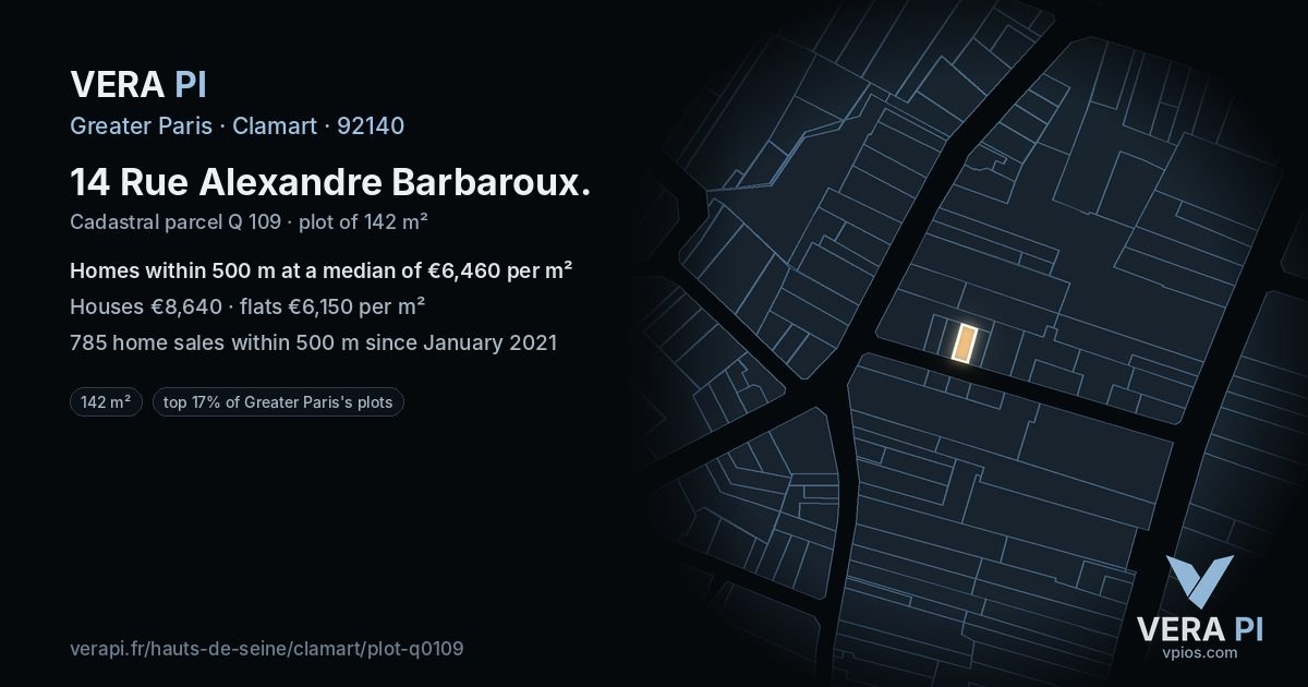 14 Rue Alexandre Barbaroux, Clamart at night – the plot lit, the parcels around coloured by the prices near them
