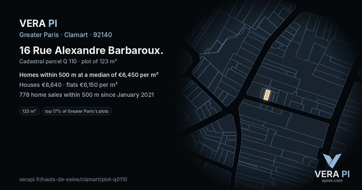 16 Rue Alexandre Barbaroux, Clamart at night – the plot lit, the parcels around coloured by the prices near them