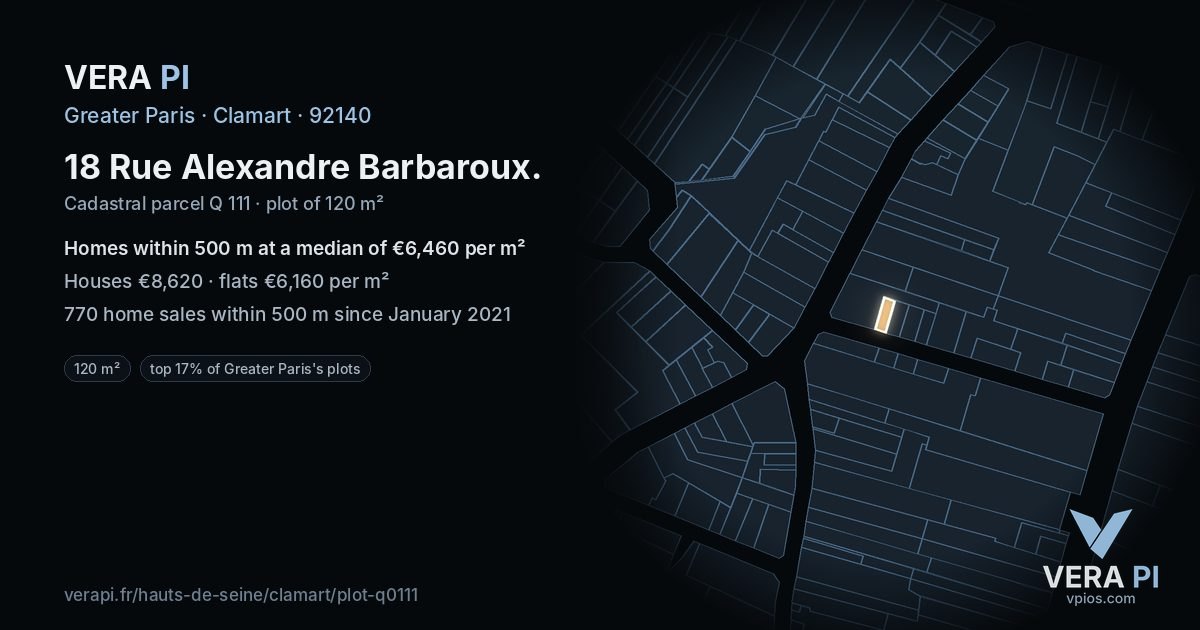18 Rue Alexandre Barbaroux, Clamart at night – the plot lit, the parcels around coloured by the prices near them