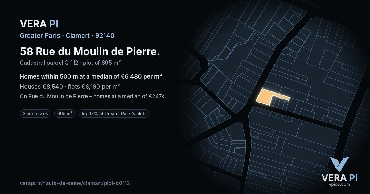 58 Rue du Moulin de Pierre, Clamart at night – the plot lit, the parcels around coloured by the prices near them