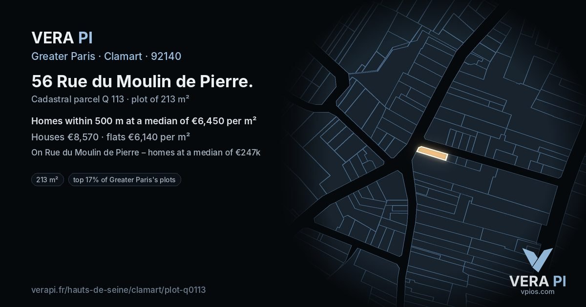 56 Rue du Moulin de Pierre, Clamart at night – the plot lit, the parcels around coloured by the prices near them