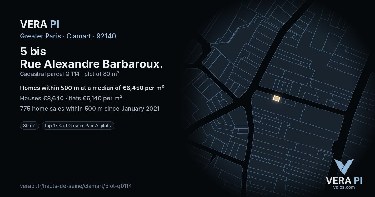 5 bis Rue Alexandre Barbaroux, Clamart at night – the plot lit, the parcels around coloured by the prices near them