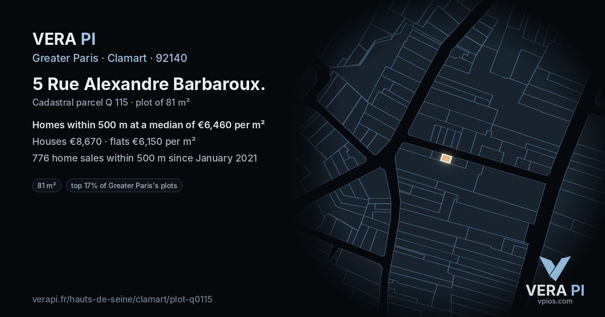 5 Rue Alexandre Barbaroux, Clamart at night – the plot lit, the parcels around coloured by the prices near them