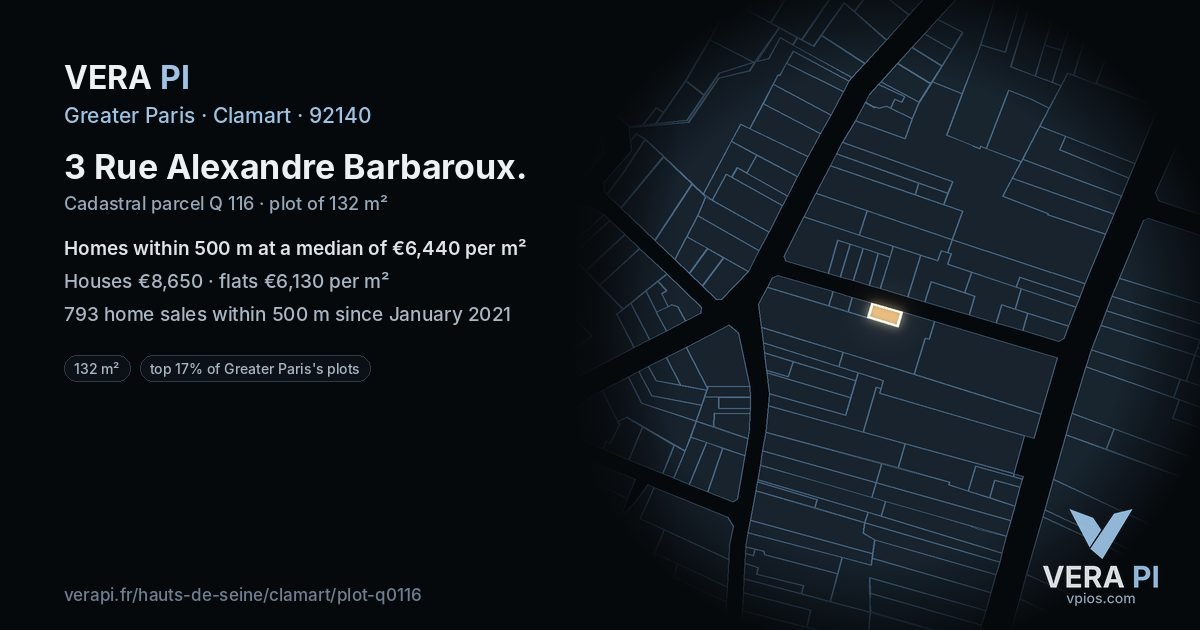 3 Rue Alexandre Barbaroux, Clamart at night – the plot lit, the parcels around coloured by the prices near them