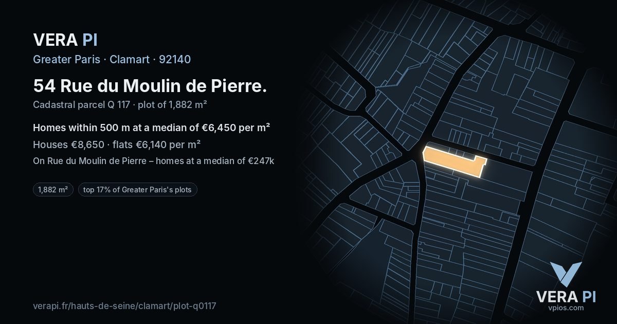 54 Rue du Moulin de Pierre, Clamart at night – the plot lit, the parcels around coloured by the prices near them
