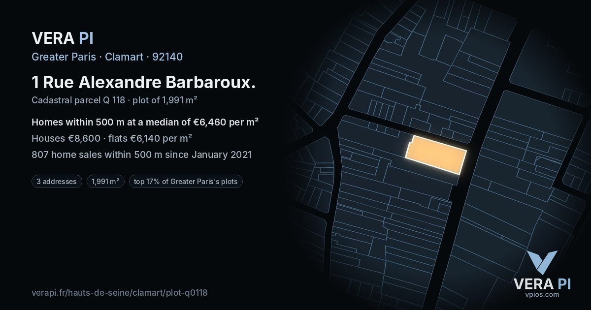1 Rue Alexandre Barbaroux, Clamart at night – the plot lit, the parcels around coloured by the prices near them
