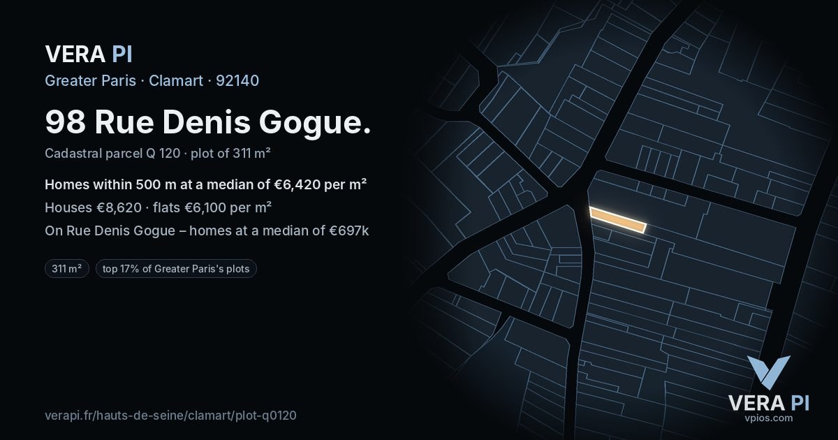 98 Rue Denis Gogue, Clamart at night – the plot lit, the parcels around coloured by the prices near them