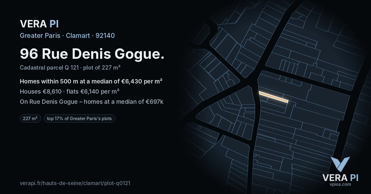 96 Rue Denis Gogue, Clamart at night – the plot lit, the parcels around coloured by the prices near them