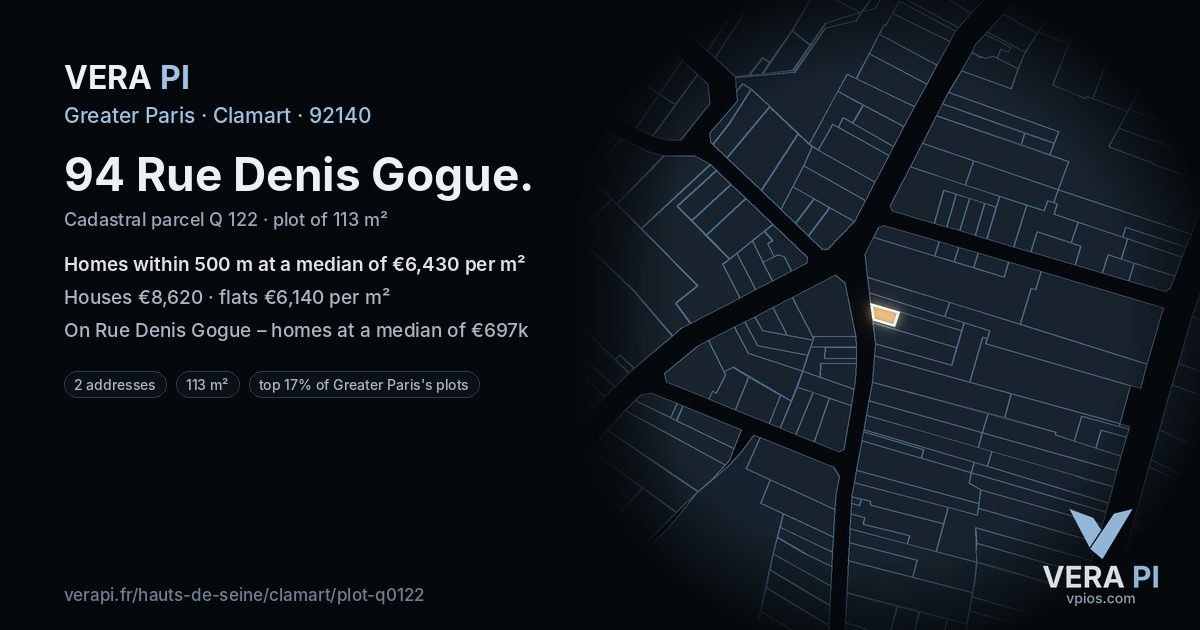 94 Rue Denis Gogue, Clamart at night – the plot lit, the parcels around coloured by the prices near them