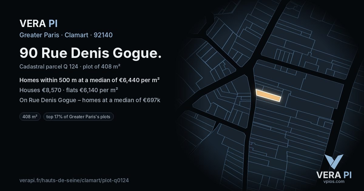 90 Rue Denis Gogue, Clamart at night – the plot lit, the parcels around coloured by the prices near them