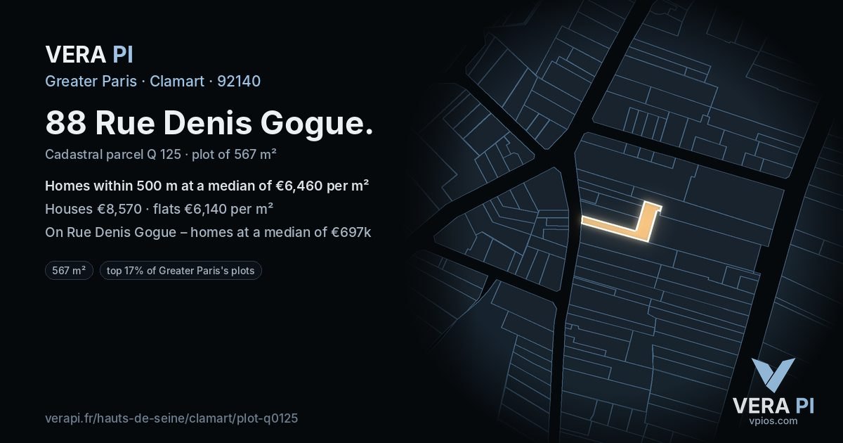 88 Rue Denis Gogue, Clamart at night – the plot lit, the parcels around coloured by the prices near them