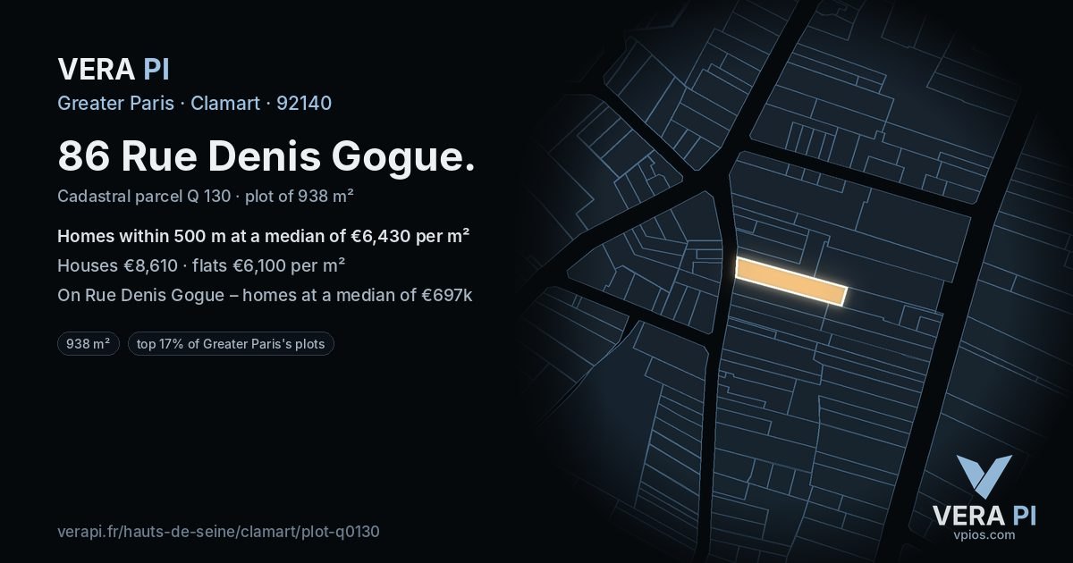 86 Rue Denis Gogue, Clamart at night – the plot lit, the parcels around coloured by the prices near them