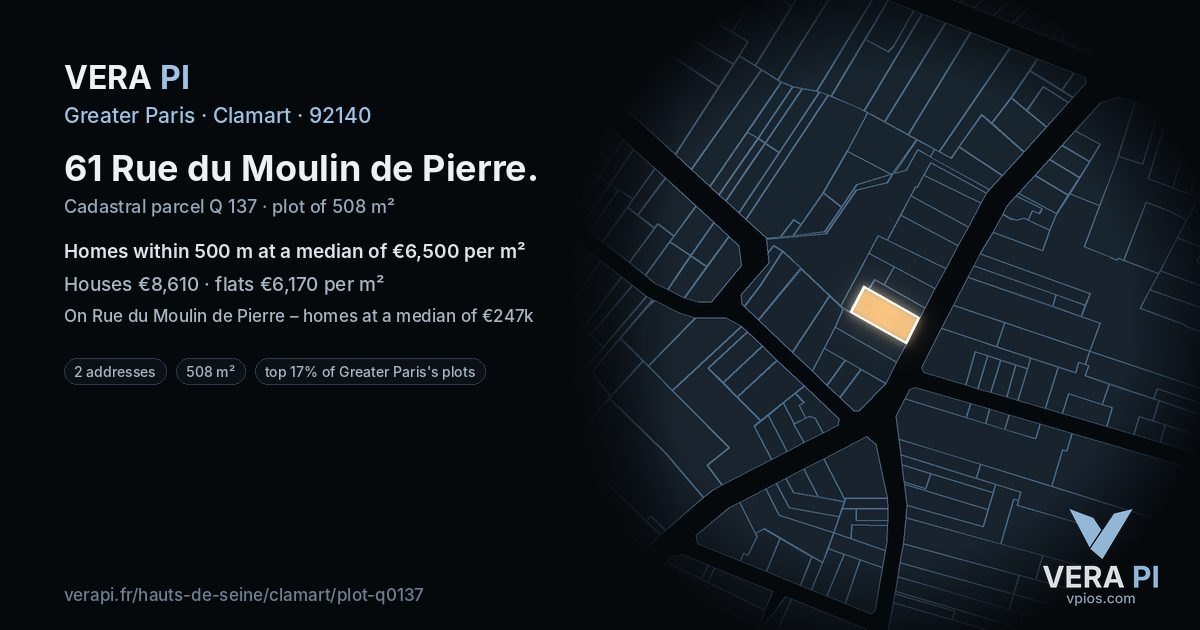 61 Rue du Moulin de Pierre, Clamart at night – the plot lit, the parcels around coloured by the prices near them