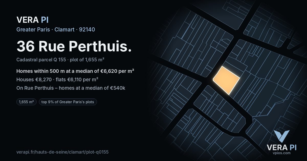 36 Rue Perthuis, Clamart at night – the plot lit, the parcels around coloured by the prices near them