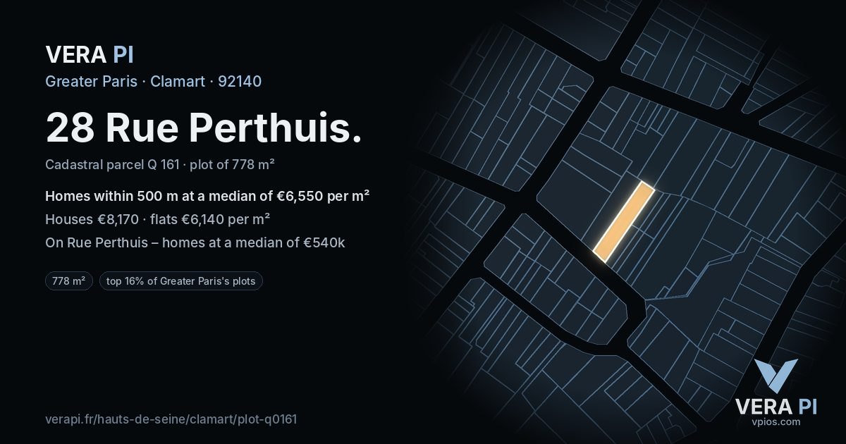 28 Rue Perthuis, Clamart at night – the plot lit, the parcels around coloured by the prices near them