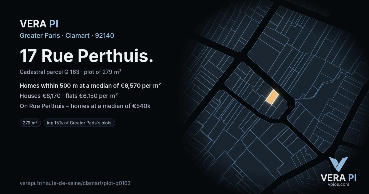 17 Rue Perthuis, Clamart at night – the plot lit, the parcels around coloured by the prices near them