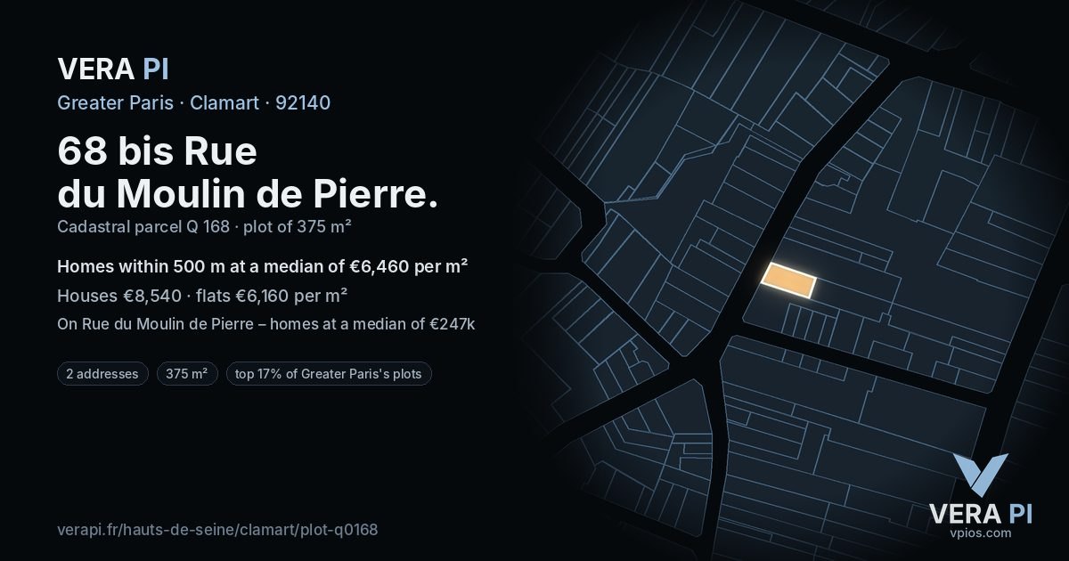 68 bis Rue du Moulin de Pierre, Clamart at night – the plot lit, the parcels around coloured by the prices near them